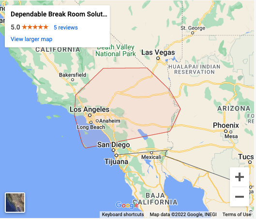 Map of Dependable Break Room Solutions' service area and 5 star google rating