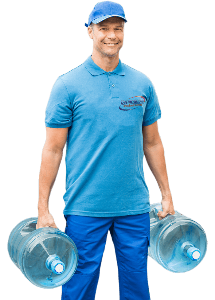 Water delivery guy with two 5 gallon water jugs from Sierra Source