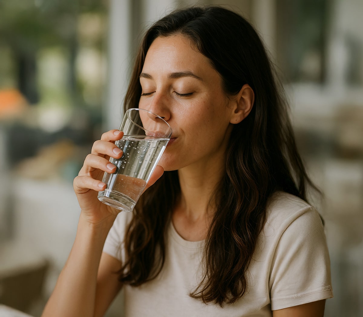 Dependable Water Image Woman drinking water at work.